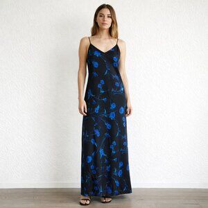 Vintage Studio Y Black and Blue Floral Maxi Slip Dress Sleeveless Size 12/14